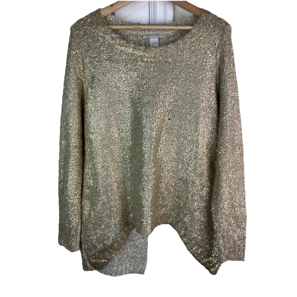 Alberto Makali Women's L Shiny Gold Stretchy Slit Back Pullover Tunic Sweater